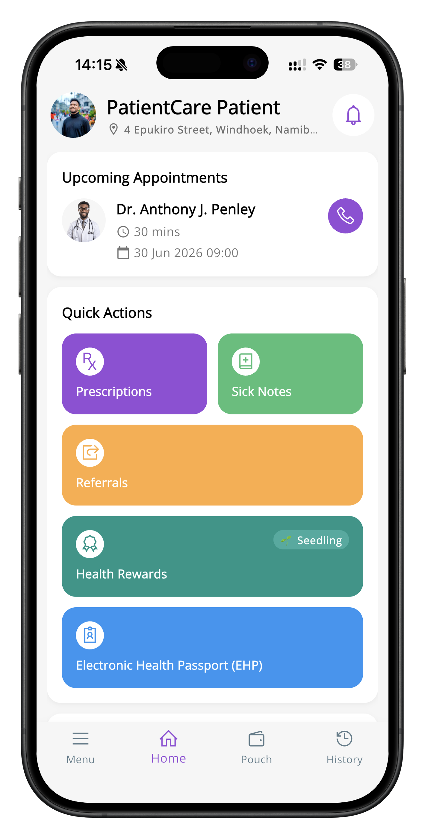 PatientCare app home screen with quick actions