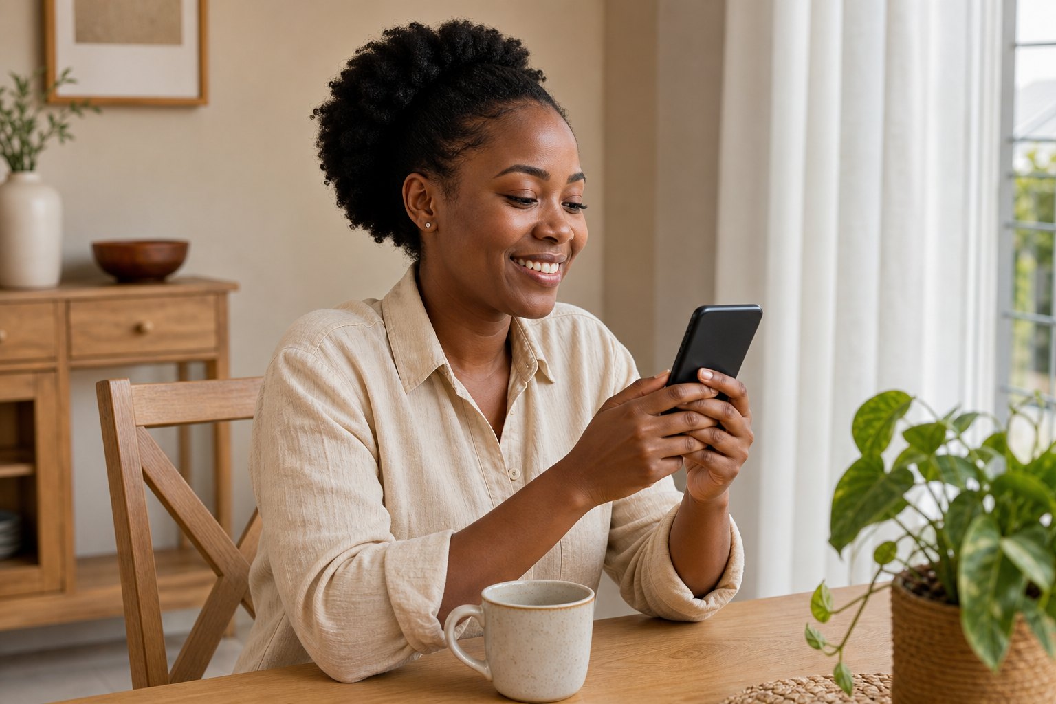 A woman smiling while using her phone at home, with the screen facing away