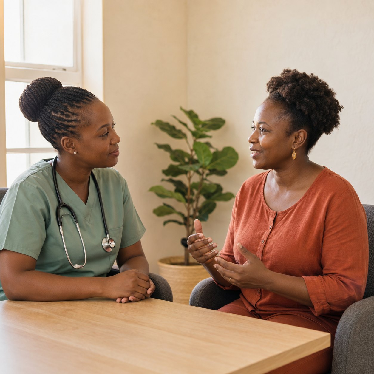 Illustrative scene of a healthcare professional listening to a woman in a bright consultation room