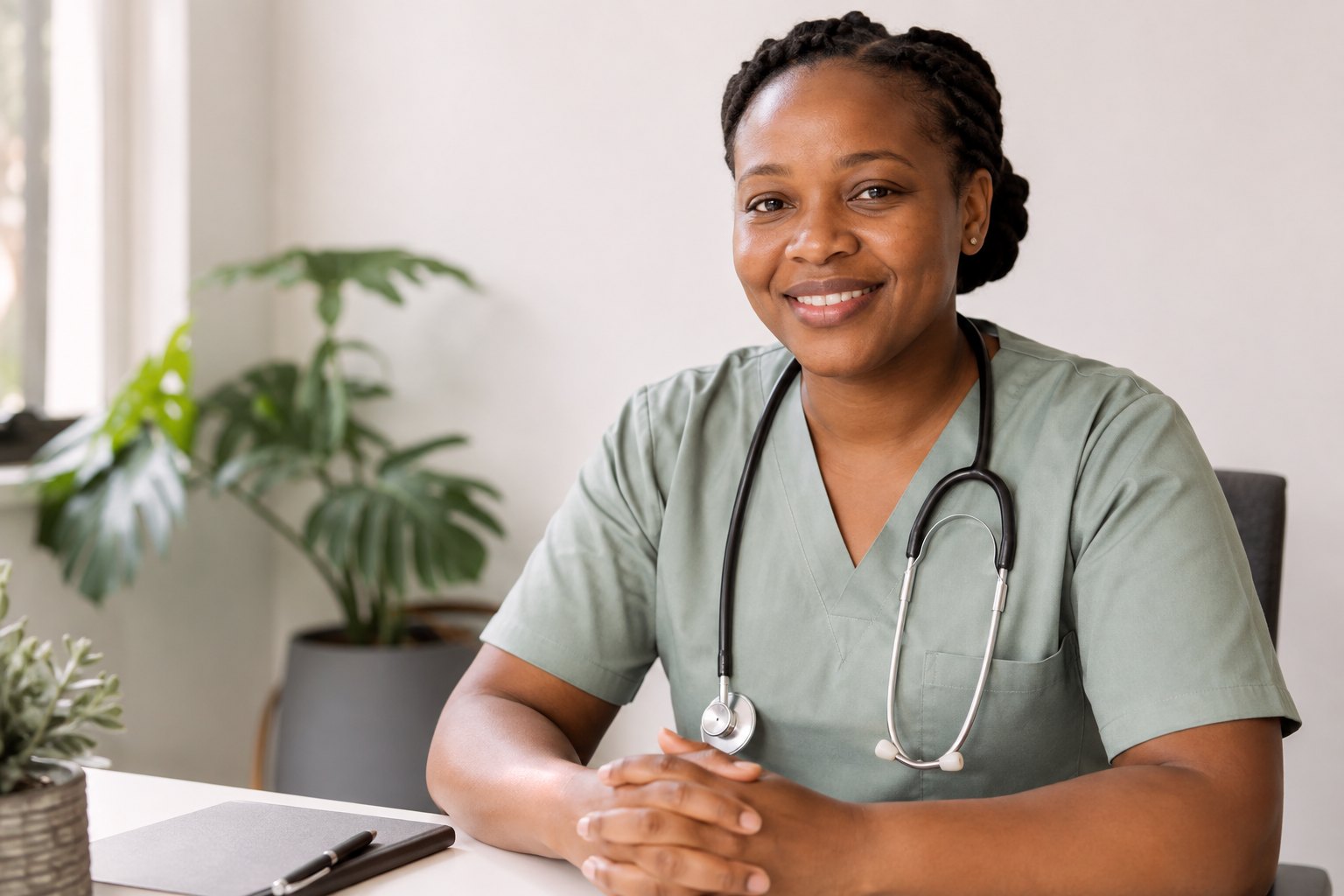 A smiling healthcare professional in sage scrubs in a bright consultation room