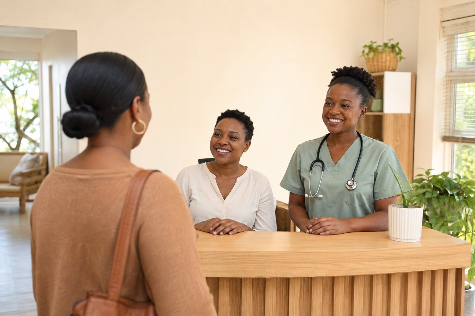 A receptionist and nurse warmly welcoming a visitor at a clinic reception desk
