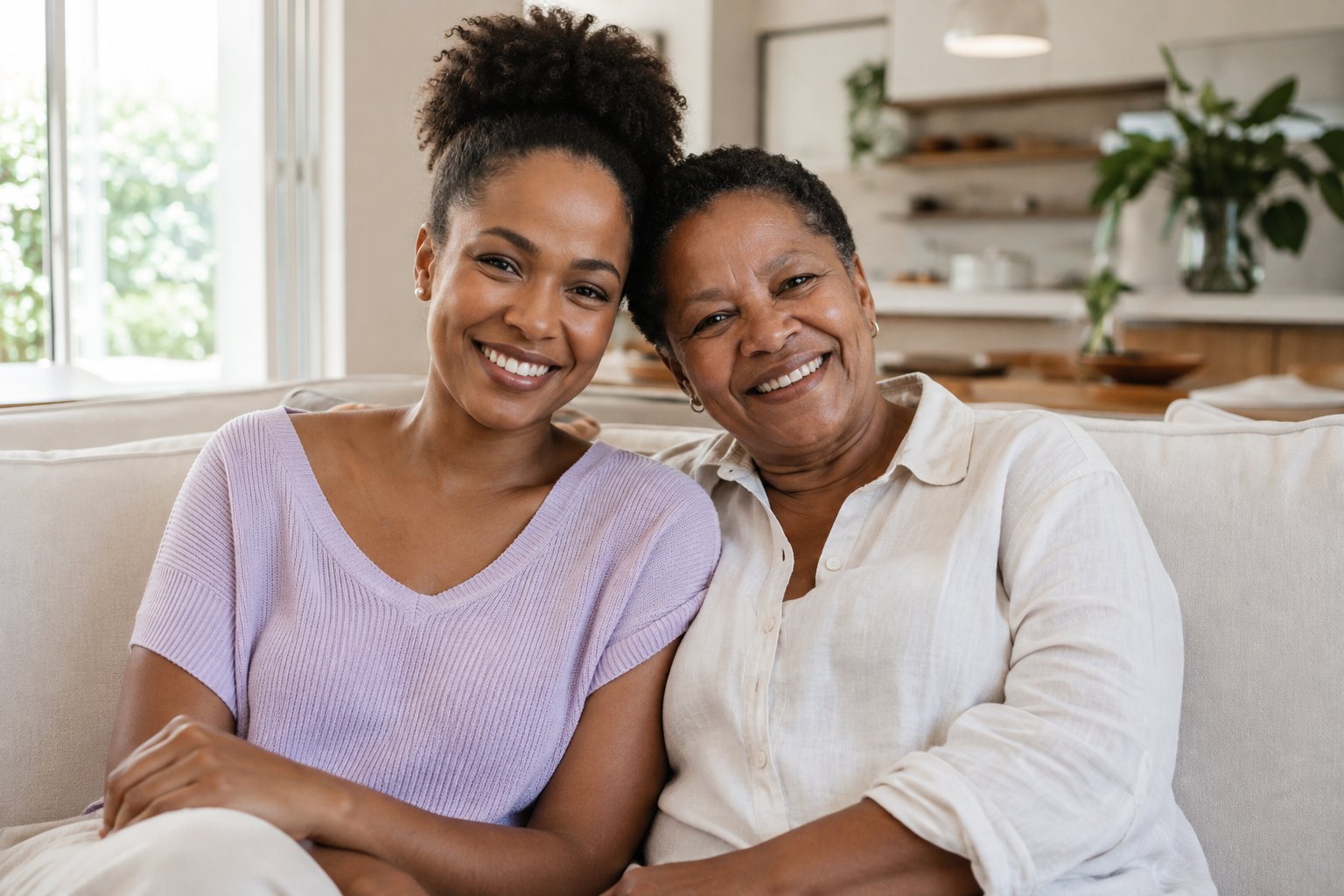 Illustrative family scene of two women from different generations sharing a warm smile at home