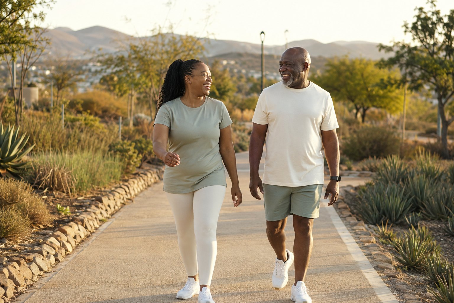Two adults smiling as they walk together along a sunny park path