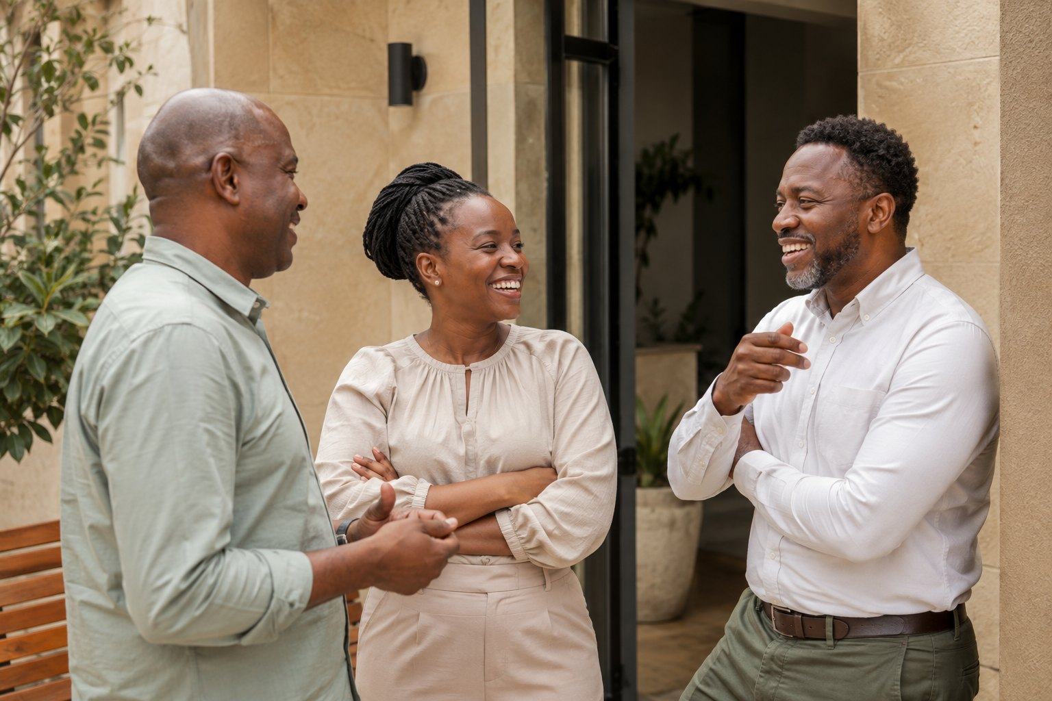 Three adult colleagues sharing a happy conversation outside their workplace